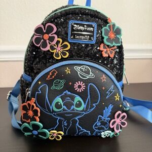 Disney Park Loungefly Black Sequin Mini Back Pack Stitch 626 Day 3D Floral Space